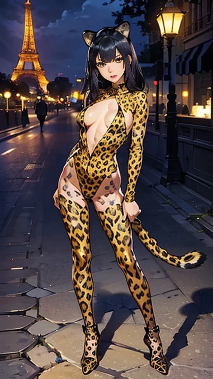 Realistically、Black Hair、Butt Emphasis、(On all fourouth open and sexy expression、(Leopard tail emphasis)、(( girl))、Emphasis on breast valley、Wearing a full-body leopard print bodysuit、Various sexy poses、Background Eiffel Tower at night