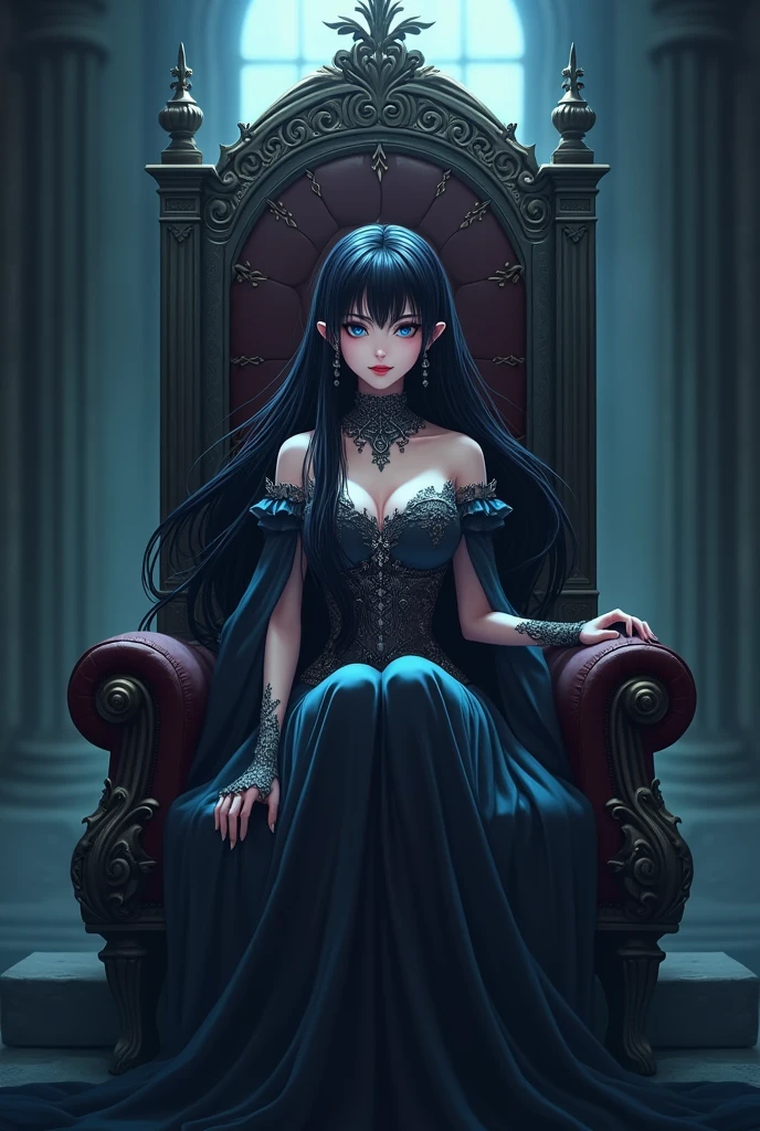 (best quality,highres)Beautiful girl with wavy long black hair,blue eyes,ironic smile,sit on throne,badass,dark atmosphere,fantasy queen clothes,anime style
