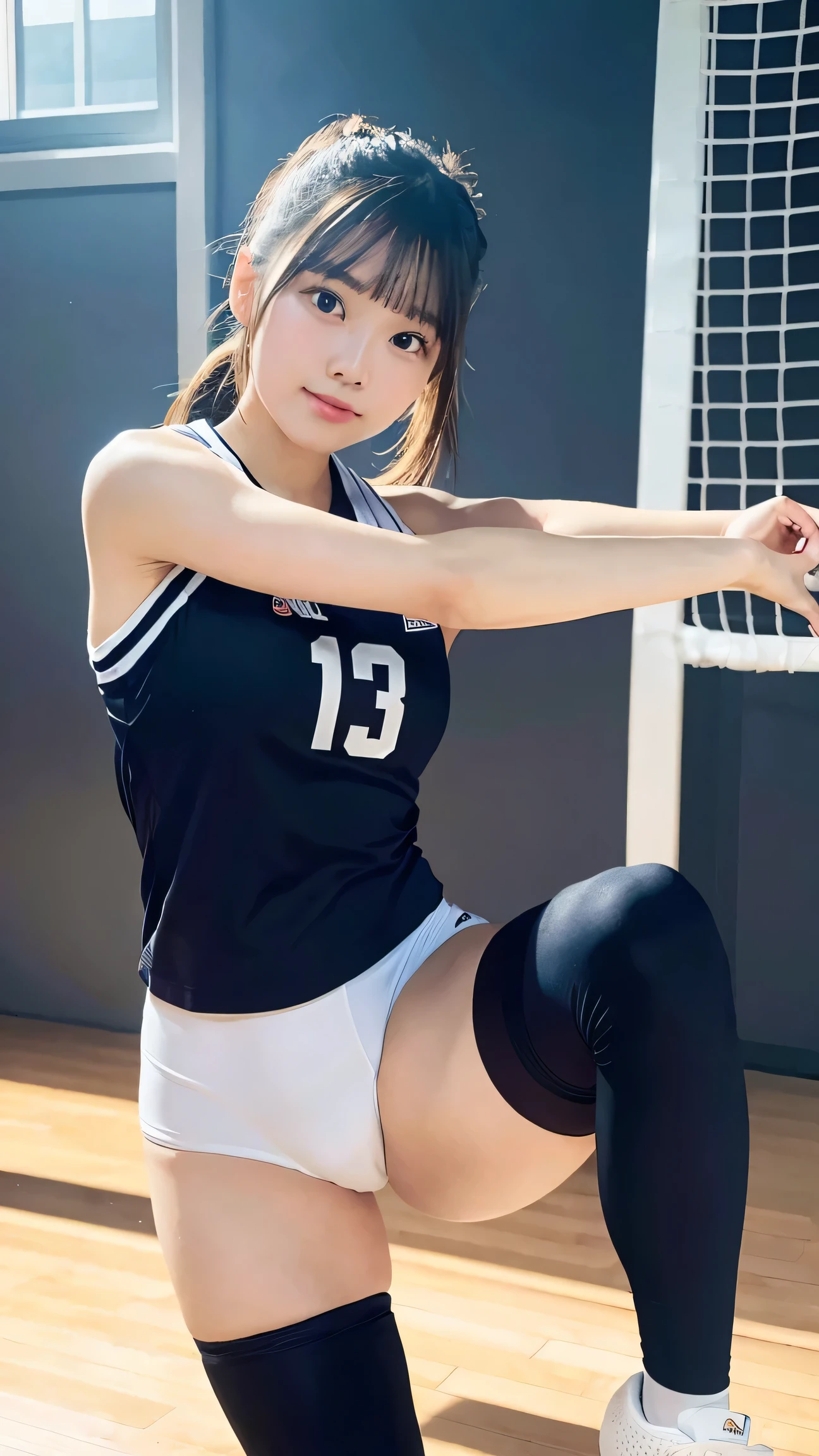 masterpiece, best quality, 1girl, tight volleyball uniform, stretching, athletic build, determined look, indoor gym, natural light, detailed background
