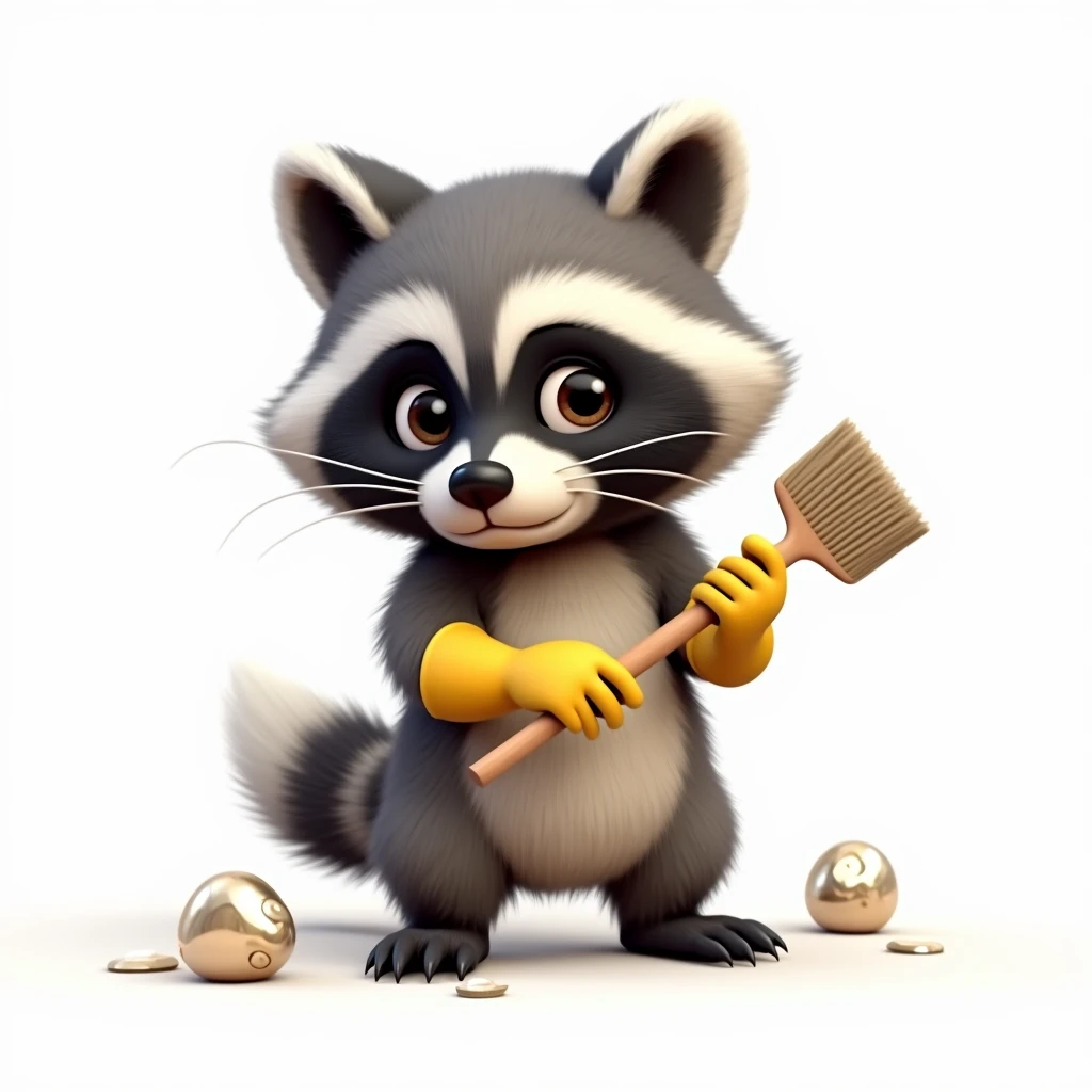 (photorealism:1.2), a raccoon in rubber gloves, white background, The raccoon is doing the cleaning, Cute cartoon raccoon