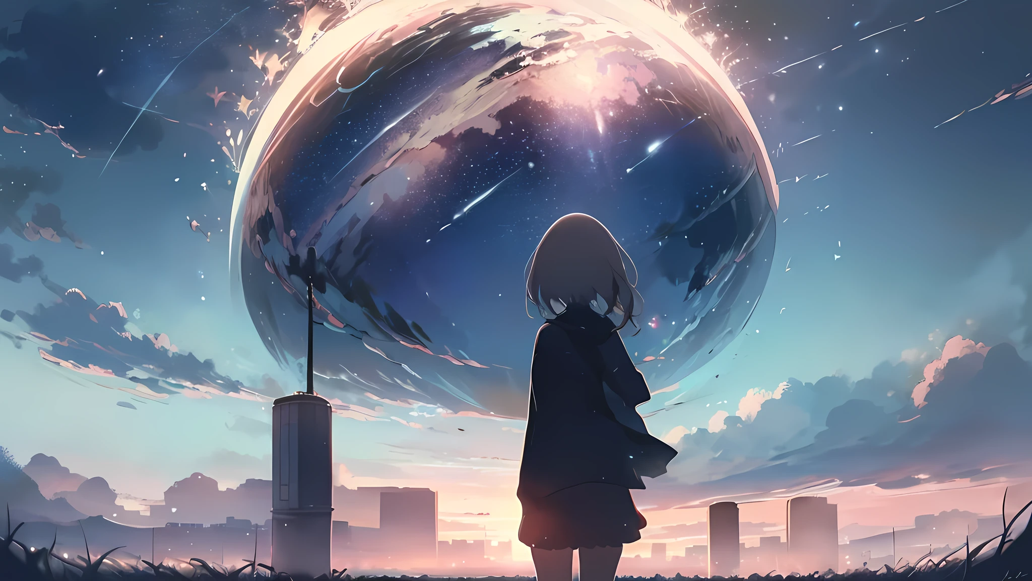 AN-94 (Girls' Frontline), ((1girl)), ((view from behind)), (masterpiece, high quality, enchanting illustration:1.3), (girl standing in a field beneath a big tree:1.2), (overlooking a starry sky with a visible huge planet descending:1.2), (capturing a moment of cosmic wonder and awe:1.2), (lush greenery and majestic tree framing the scene:1.1), (sparkling stars dotting the night sky:1.1), (giant planet on the horizon adding a sense of grandeur:1.2), (dreamlike atmosphere blending reality with fantasy:1.2), (mysterious and magical ambiance in the setting:1.2), (immersive composition drawing viewers into a celestial moment:1.2), (creating a blend of nature and the cosmos in a mesmerizing scene:1.3), (evoking a feeling of tranquility and curiosity under the vast starlit sky:1.2), (enchanting the audience with a breathtaking encounter under the cosmic).