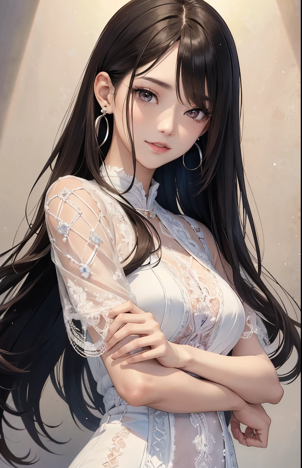 masterpiece、highest quality、High resolution、High-quality images、8k, 1 female、Skin luster、Texture of skin and clothing、Expression of fine eyes、Girl with long shiny hair, Manga inspired by Lee Jong-suk, Trending on deviantart, realism, detailed manga style, Manga art style, Perfect Line Drawing, Beautiful line art, digital manga art girl, K-Pop Idols, dress, Fine brown eyes, Fuller lips, Gorgeous face with attention to detail, (Cute Smile), Side view, (Perfectly detailed face), (Detailed and well-drawn hand) Photorealistic images, Japanese princess cut hairstyle, Cowboy Shot, eyes covered, Back to the wall, Looking down, Shocked facial expression, (Pearl Earrings), Slender body, Medium chest, sunday dress