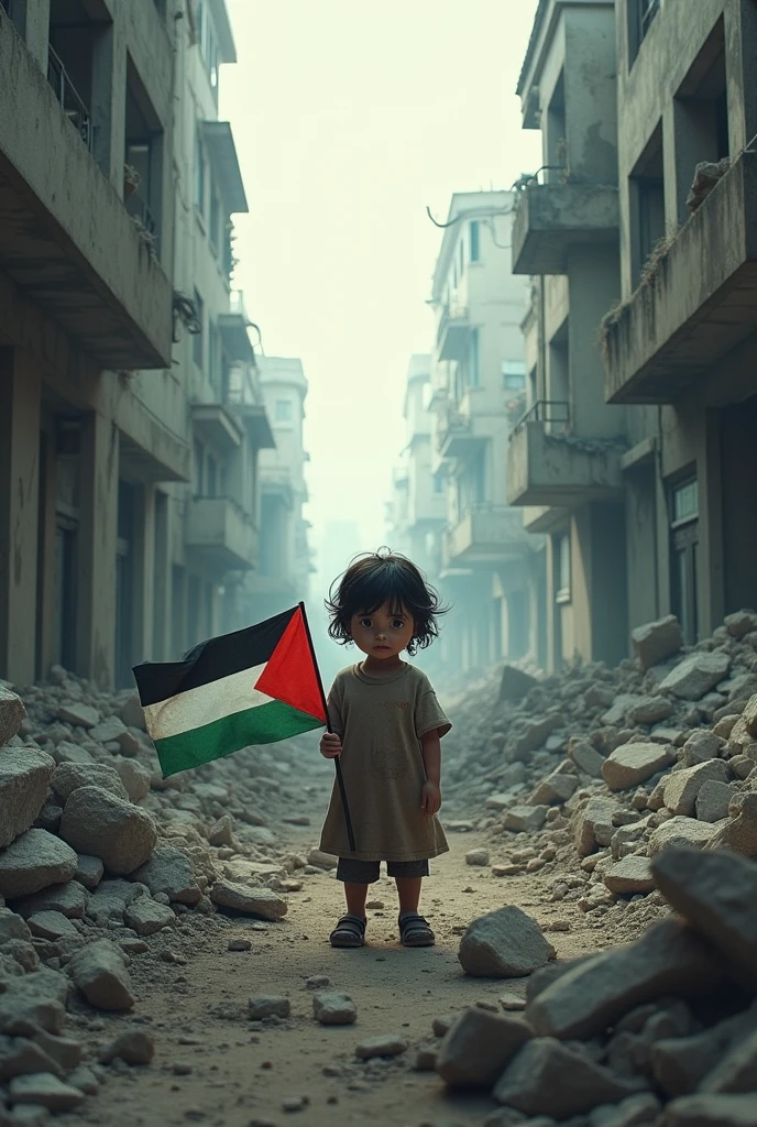 Distroy Palestinian building and a child sad and hand with palestine flag 