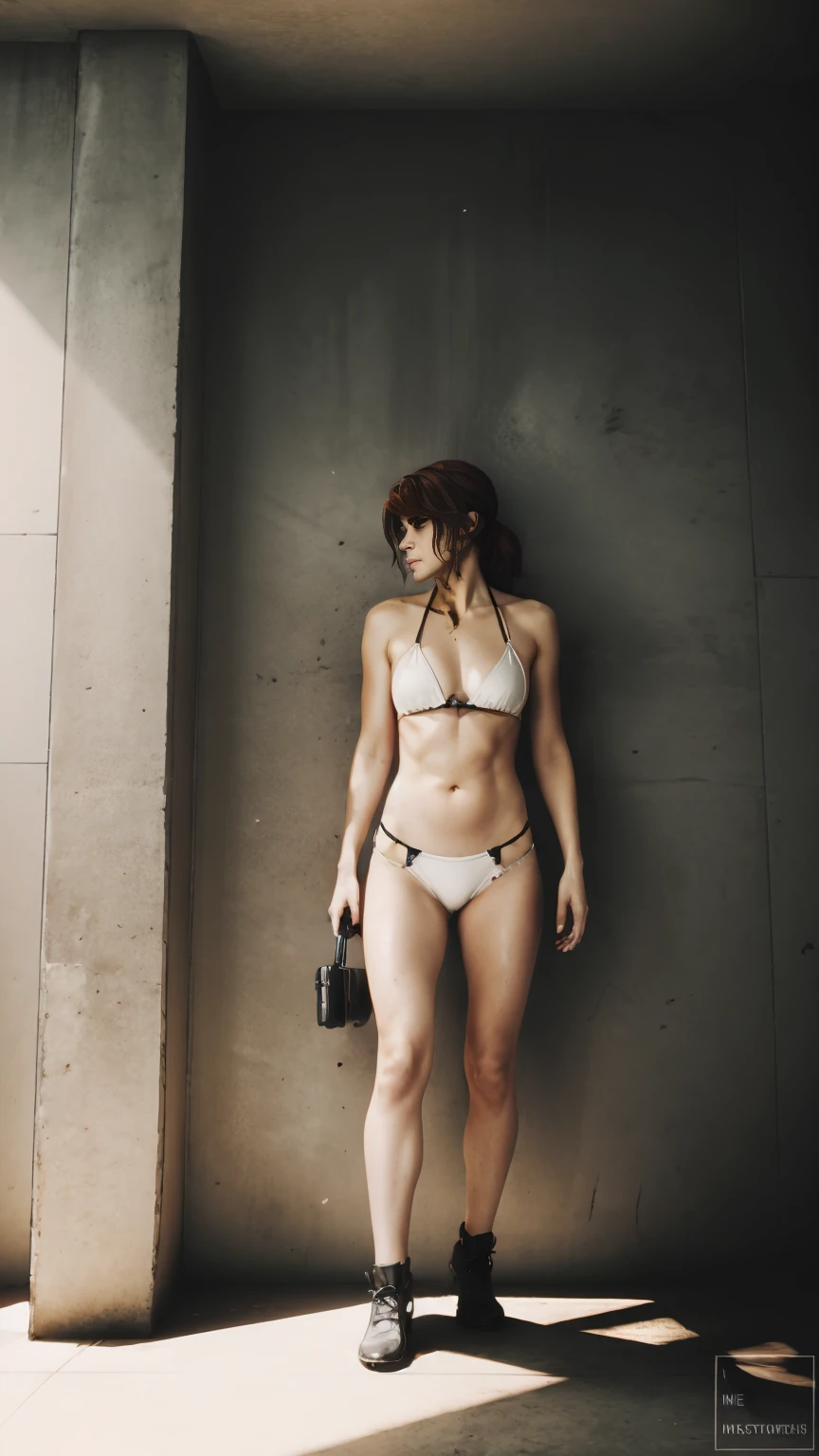 A beautiful girl with medium red hair in a low loose ponytail, Jesse Faden from the video game "Control", BREAK: arms behind her head, head tilted away from the camera shyly, leaning against a wall with one leg bent, placing her foot on the wall, BREAK: wearing a crimson red slingshot , BREAK: dishevelled abandoned office interior with white walls, atmospheric lighting, moody lighting, highly detailed, photorealistic, 8k, best quality, masterpiece
