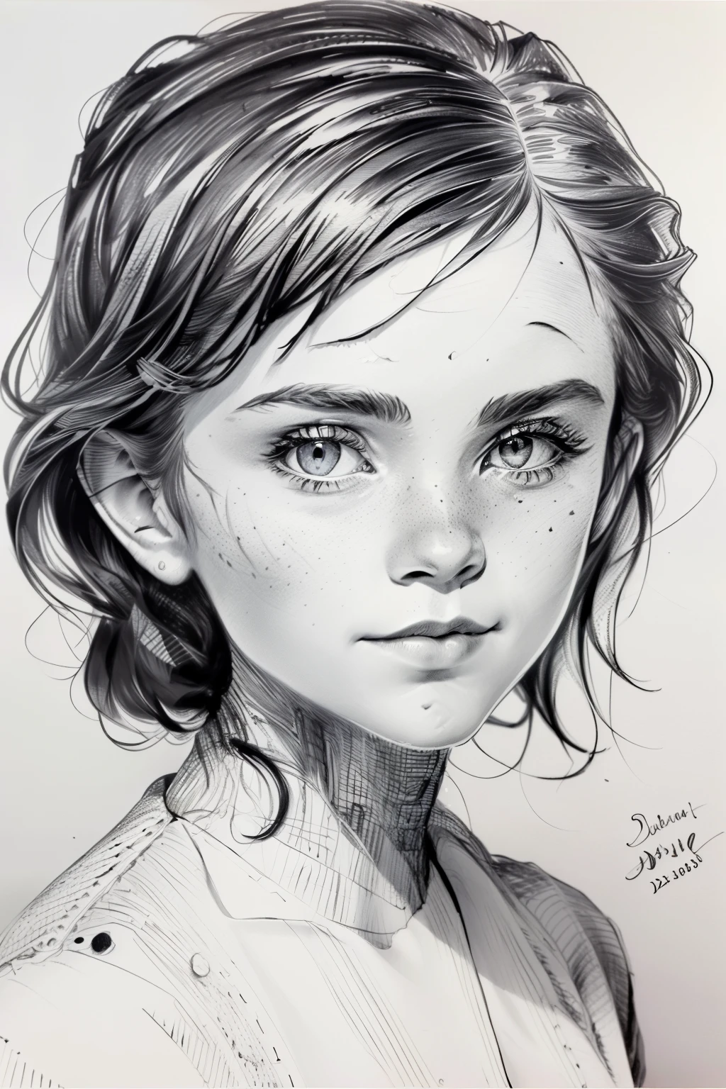Pen Sketch_style, Ink Sketch, (best quality, masterpiece, detailed: 1.4), , monochrome style, Stunning medium shot portrait of Emma Watson, Isolated on white space, Wide white border