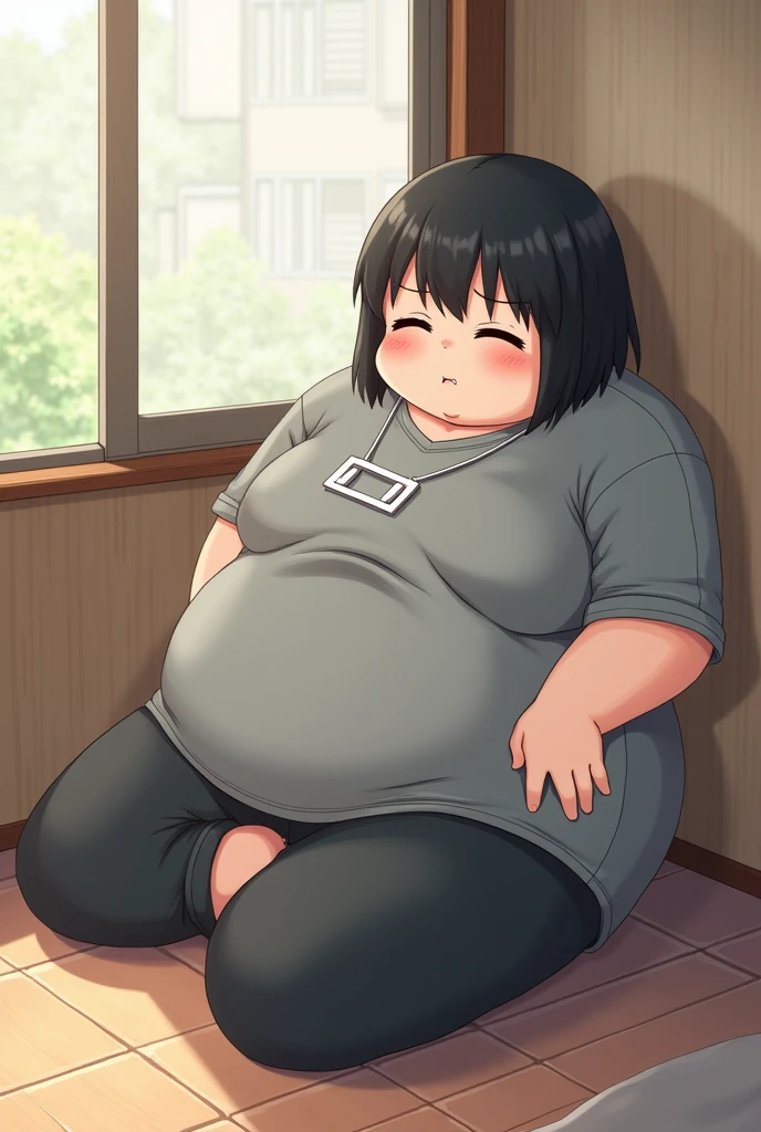 A Japanese mother who resembles a sea lion lying on the floor by the window, with short black bob hair, overweight, wearing grey short-sleeved clothes, wearing a white square necklace, and scratching her crotch