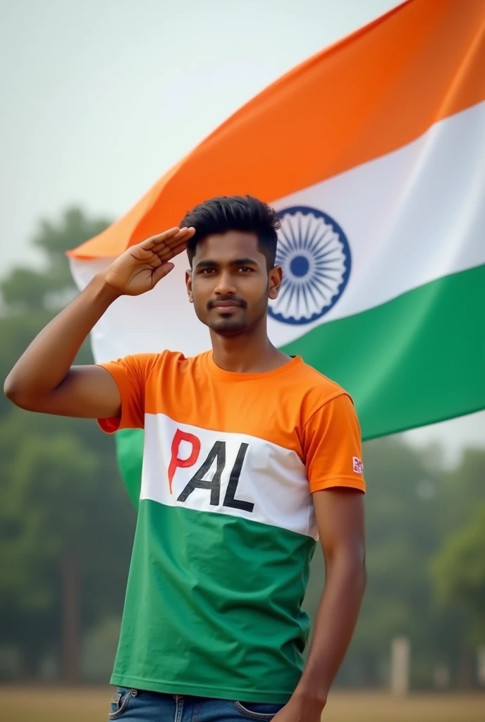 Men saluting the Indian flag from the , wearing 'PAL' t-shirts with 'P' in orange, 'A' in white, and 'L' in green. At the top left corner of the image, the text reads '78th Happy Independence Day.'" only one men. Age 21