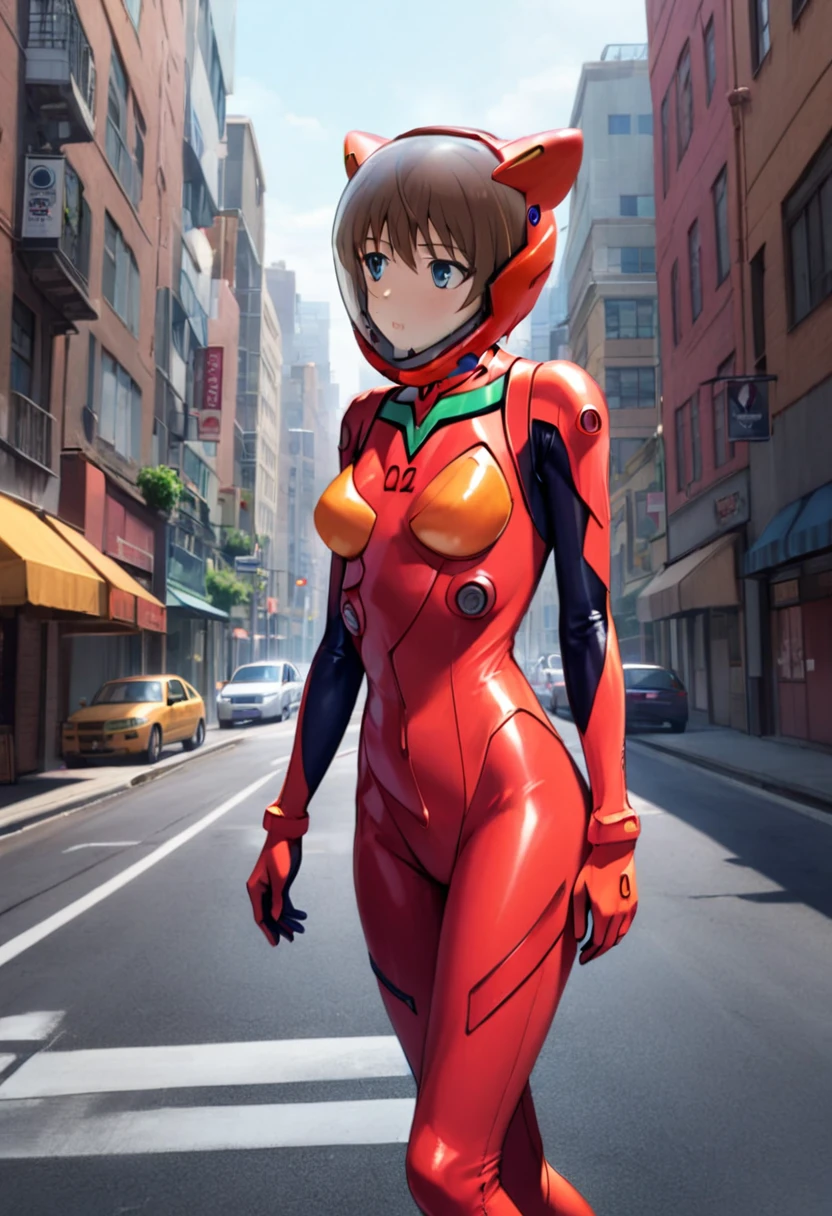 plugsuit, red bodysuit,evangelion,red helmet, space helme, short hair, walk,,asuka langley soryu,hort hair, bangs, blue eyes, brown hair, bodysuit, pilot suit, plugsuit, (red bodysuit:1.5,  space helmet,  cat ears, city, road, upper body