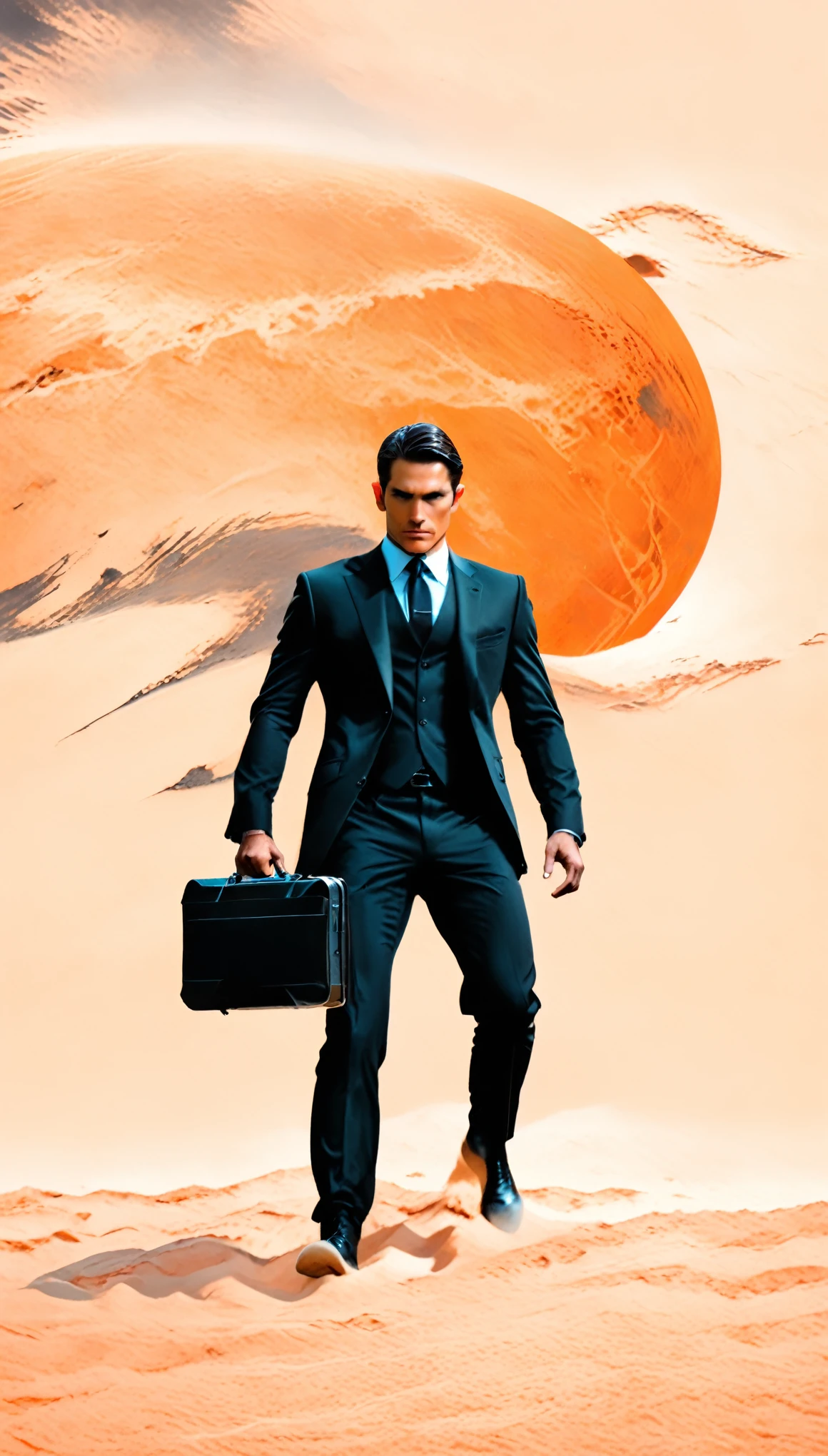 Business man with a briefcase wearing a black suit and thin black tie walking towards the viewer on a sandy orange planet, medium shot full body,