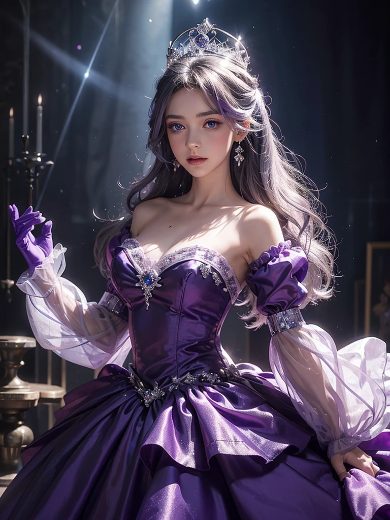 Princess, princess dress, purple dress, purple dress with crystals, dress with ribbons and bowes, long dress, puffy sleeves, earings, crowns, castle, High Resolution, Masterpiece, Breasts, ball gown, blue eyes, silver hair, gloves, blushing, cute, victorian dress, 1 girl, solo, water, wet