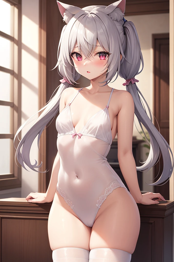 1girl, cat girl, Cat ears, grey hair, streaked hair, pink hair, long hair, hair between eyes, twintails,
highly_detailed, Beautiful eyes, extremely_detailed_CG_unity_8k_wallpaper, highres, absurdres, beautiful_detailed_eyes, finely_detailed_clothing, finely_detailed_light, highly_detail_hair_,
colorful, light rays, caustics, aistics, lens flare, bokeh, nsfw, A small chest, pink eyes, White silk stockings, blush,
score_anime, score_9, score_8_up, masterpiece, charming, Translucent white lace pajamas, Not wearing underwear, Details of clothing, finery, The elusive privacy, Almost transparent clothing, In the living room