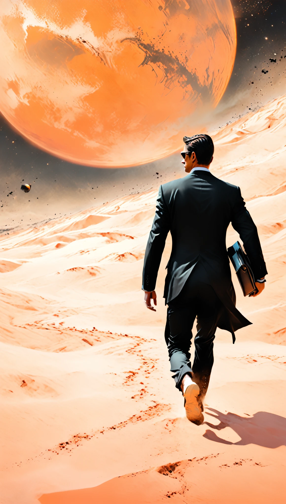 Business man with a briefcase wearing a black suit and thin black tie walking towards the viewer on a sandy orange planet, medium shot full body,