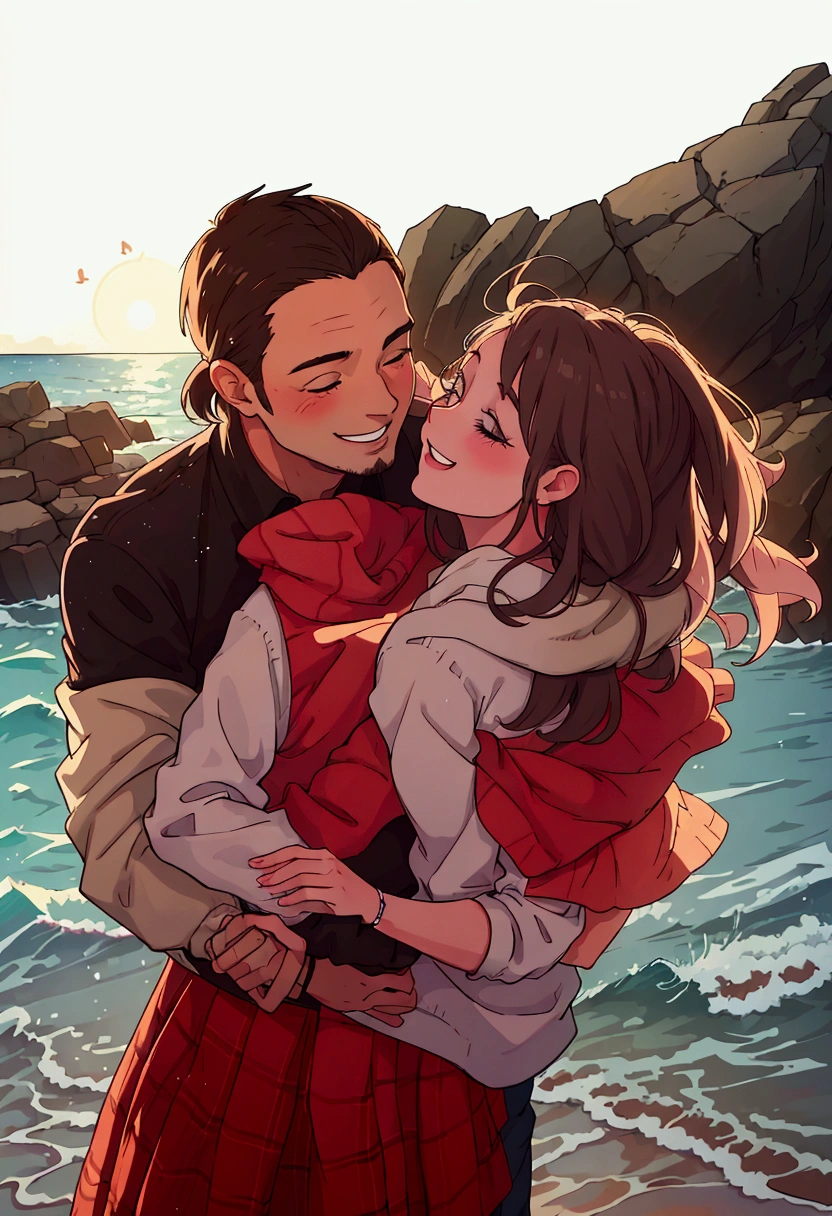 (best quality:0.8) perfect anime illustration, a man and woman hugging each other on a beach, smiling couple, man and woman in love, couple pose, happy couple, lovely couple, by Anna Haifisch, profile pic, by Karl Völker, smiling at each other, by Emma Andijewska, man and woman, romantic couple, by Matija Jama, cute photo, instagram photo
