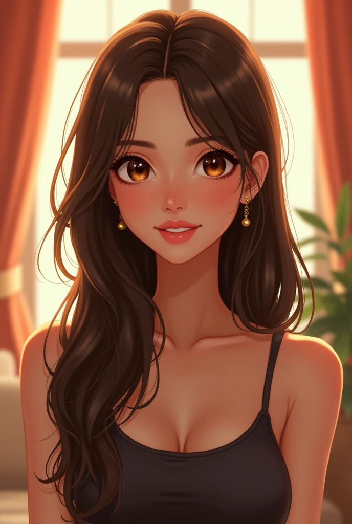 A young woman with long, straight dark brown hair. His face has a friendly and serene expression., with large, expressive light brown eyes. She has defined eyebrows and full lips with natural color.. She is wearing a tight dark colored tank top. Her skin is fair and her expression is gentle and friendly.. The overall style is cheerful and vibrant, with emphasis on the details of the face and hair, in a cozy and well-lit environment