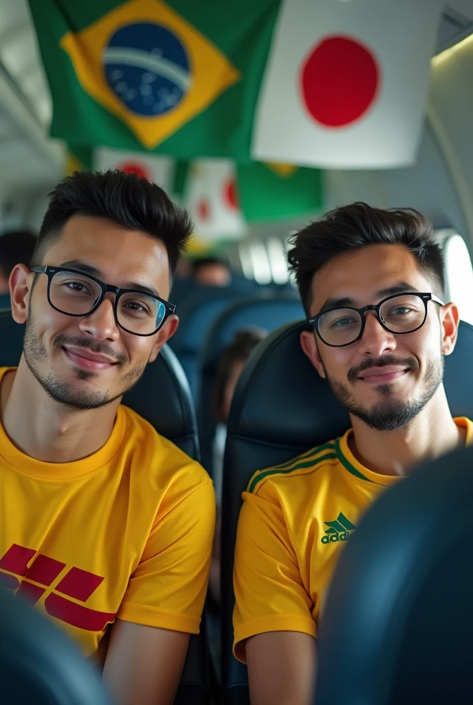 Two men with prescription glasses, Riding a plane, and goatee, one of them is wearing a DHL shirt, and the other with the Corinthians shirt they are going from BRAZIL to Japan, make it very clear with the flags