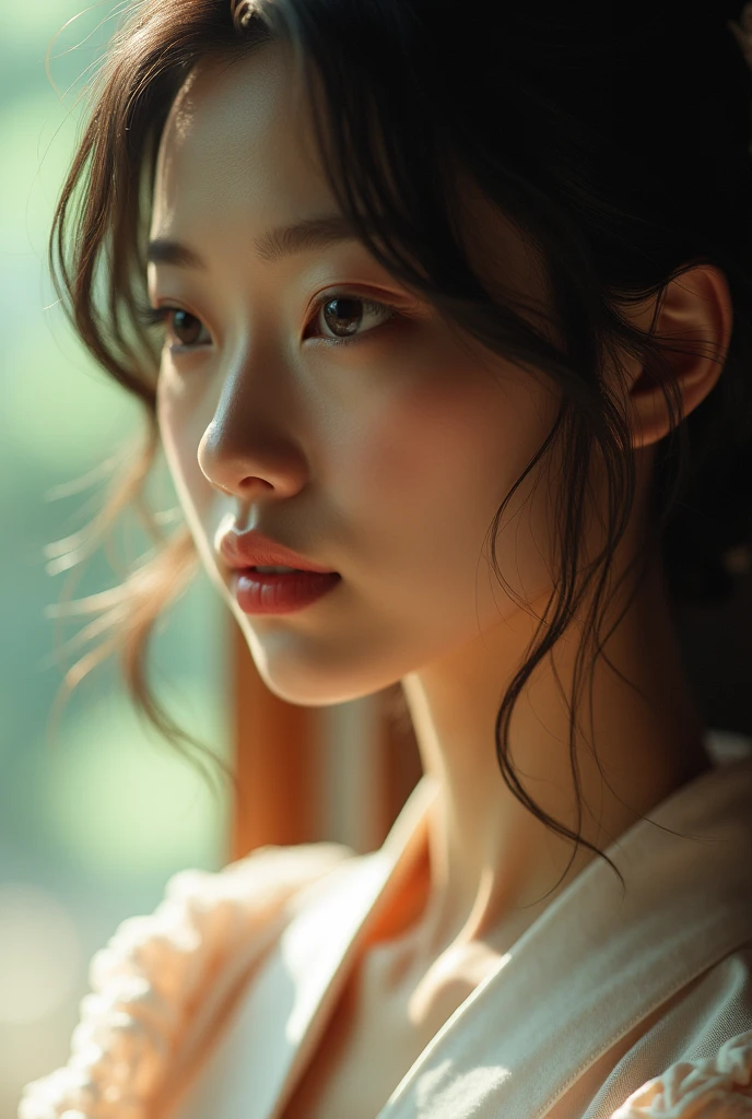 An elegantly dressed Japanese woman in natural light、A close-up of her chest and calm expression.、It shows her inner peace and outer charm.。