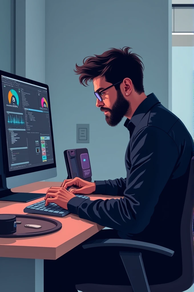 A black graphic desighner on his computer setup