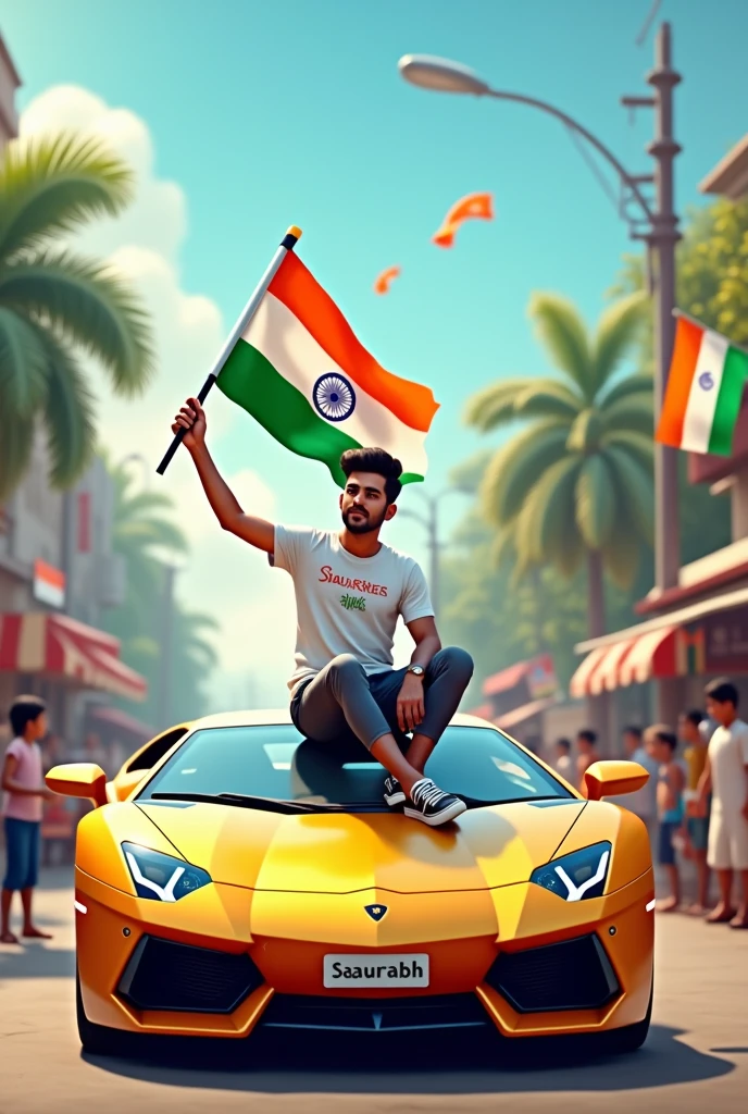 realistic Indian 19 year old boy sitting on Lamborghini car Holding Indian flag and celebrating India festival happy independence day with background of blue sky in Indian Street boy wearing pant, white t-shirt with written name”Saurabh”style hair on it by the way childrens are holding Indian flag playing round, smart, shoes, some children also playing, and someuncles drinking tea at a shop. also a text written “Happy independence day”at top, 3D art painting real photo wit high resol. he has a gun in his other hand