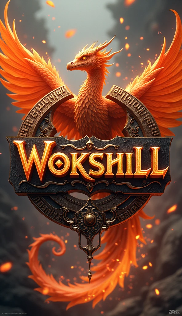 There is a fantasy title "Wokshill" written in the mythological style. There is a small dragon and a small phoenix fighting in the fire behind in the background of the title. A 3D, fantasy, realistic, aesthetic poster.