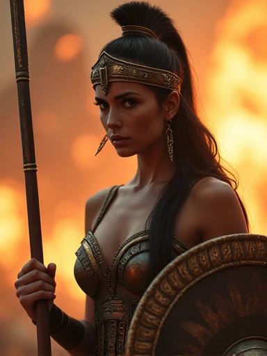 a gorgeous 23-year-old Spartan warrior woman,extremely detailed face and body,beautiful detailed eyes,beautiful detailed lips,longeyelashes,intricate armor,spear in hand,shield in hand. greek city in flames,pillaging and destruction,dramatic lighting,cinematic composition,ultra-realistic,8k,highres,masterpiece,photo-realistic