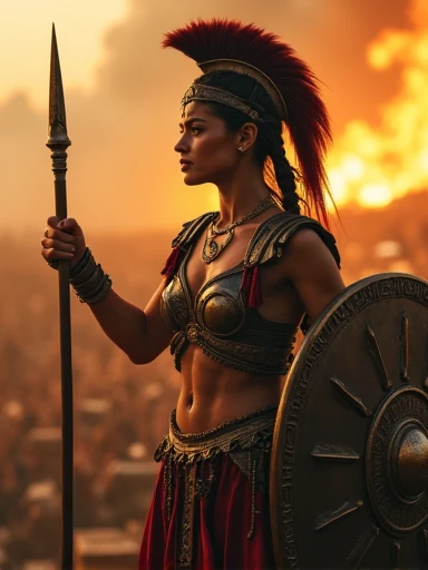 a gorgeous 23-year-old Spartan warrior woman,extremely detailed face and body,beautiful detailed eyes,beautiful detailed lips,longeyelashes,intricate armor,spear in hand,shield in hand. greek city in flames,pillaging and destruction,dramatic lighting,cinematic composition,ultra-realistic,8k,highres,masterpiece,photo-realistic