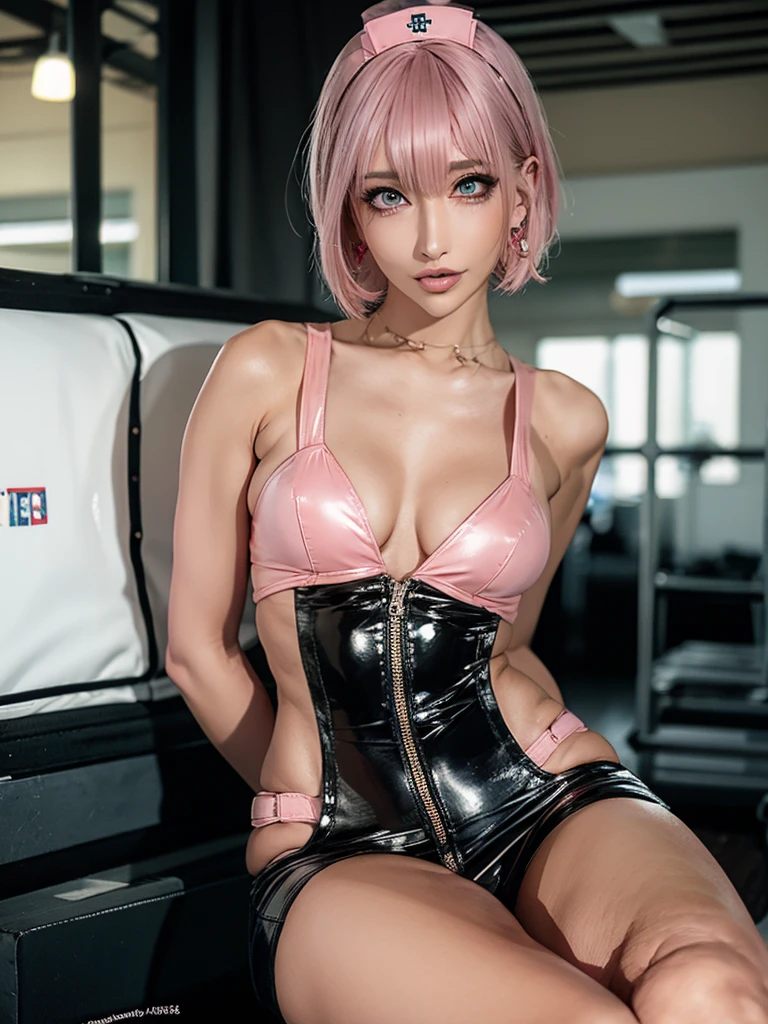 (Highest quality), Realistic, Beautiful Nurse,Hospital Bets,See-through costume,Nurse cap(short hair,Sharp bangs)Show your crotch,Highest quality,Highest quality,8k images,Pink Hair,High heels,Small face,((Big Breasts))Spread your legs,Highest quality32K,improve(Characterful body,human shape,Number of fingers,Number of legs)