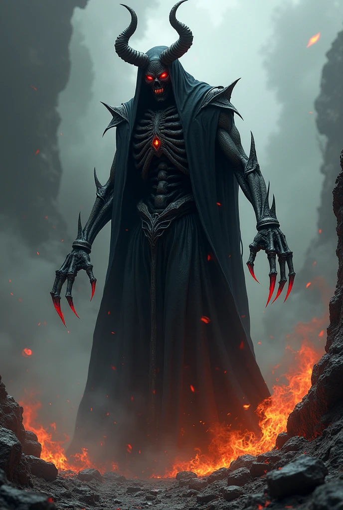 Balberith would be a tall, skeletal demon, with black and ash skin, like volcanic rock. His head would be crowned with twisted horns, and his eyes would be bright red pools, full of malice. She would wear a dark robe that moves as if it were alive., and their hands would have long sharp claws. Around it, small flames or ashes would surround their feet, evoking his connection to the underworld and betrayal.