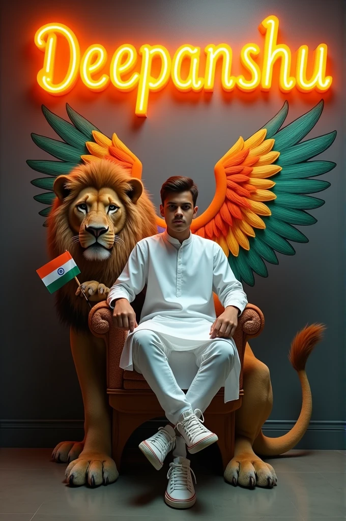 Create a 30 illusion for the profile picture where a cute 19 year old boy in white kurta is sitting comfortably on the chair of the King of Beasts throne. Indian flag in hand And a ferocious lion next to me. Wearing sneakers, he looks ahead. "Deepanshu" is written in large, orange neon light font on the dark gray wall in the background. He has no shadow and has Iridian Tricolor colored wings