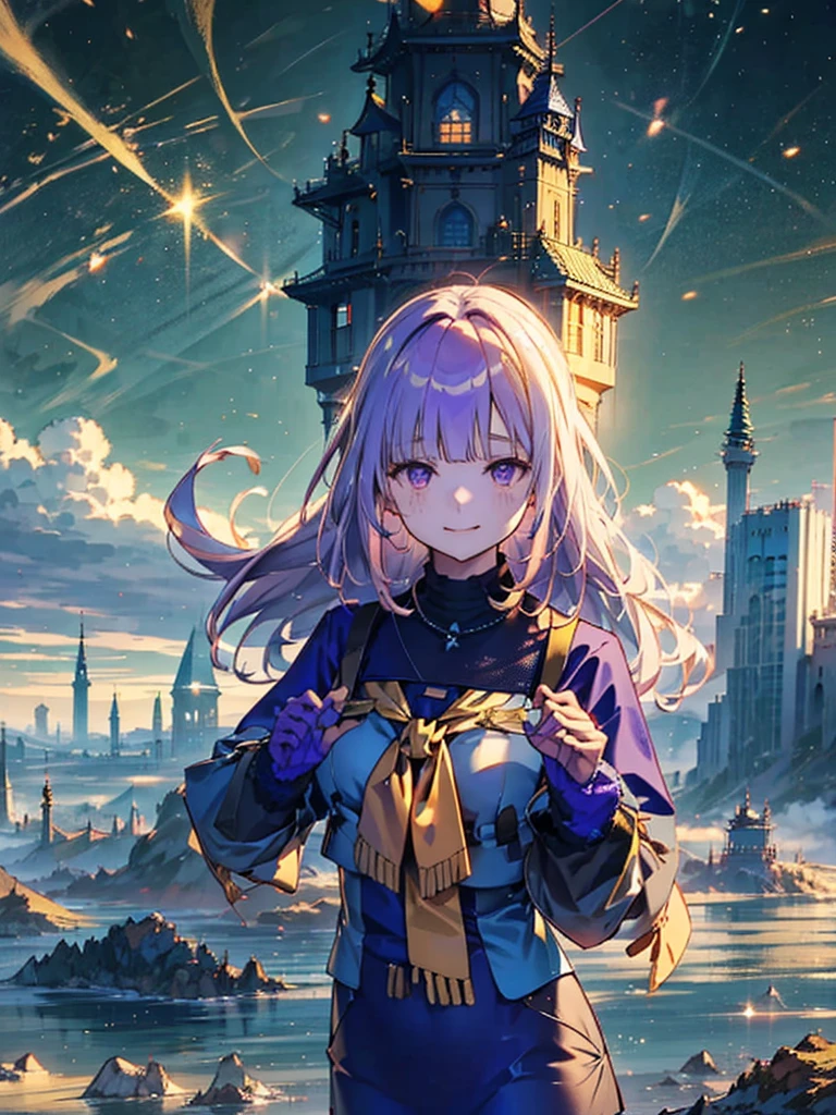 A huge city in the sky, A town above the clouds, A floating school city, 地平線but見える, 眼下には都会butある,but1people, Purple Eyes, Golden Hair