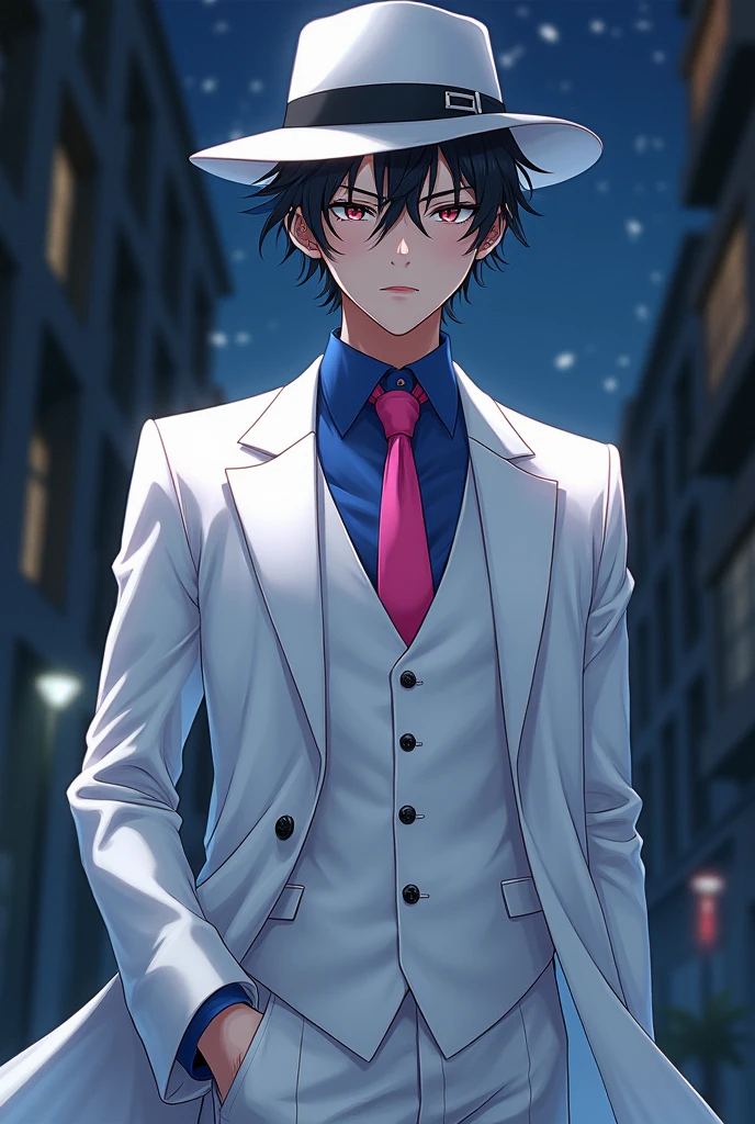 A male high school student wearing a school uniform　1st Army　smart　Random hairstyle　At night, he becomes a phantom thief　White tuxedo　silk hat　Blue Shirt　Pink tie


