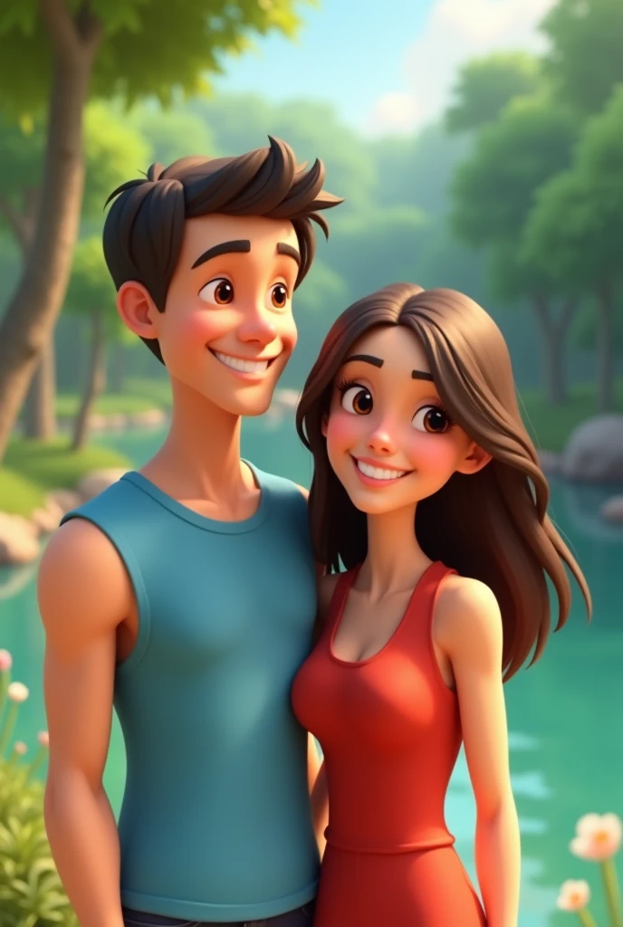 Generates a Disney Pixar 3D style image depicting a smiling couple by a river with a natural landscape in the background. The man has short, dark hair., He is wearing a blue sleeveless shirt. The woman has long, straight brown hair., She is wearing a red sleeveless blouse. They are standing next to each other, enjoying the day outdoors, with a light green river and trees in the background. The style should be cheerful and colorful., with a cartoonish touch typical of Pixar, with soft details and friendly facial expressions."