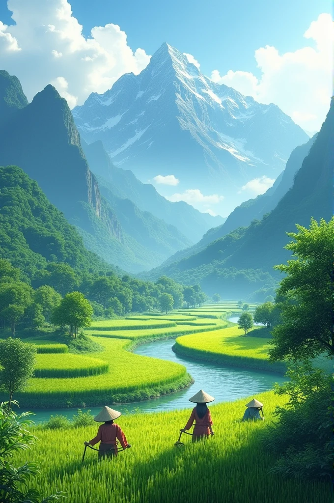 Picture of a mountain view with rice fields and a river below it, in which there are leaves, Trees, and there are people who are harvesting rice fields in a naturalistic style