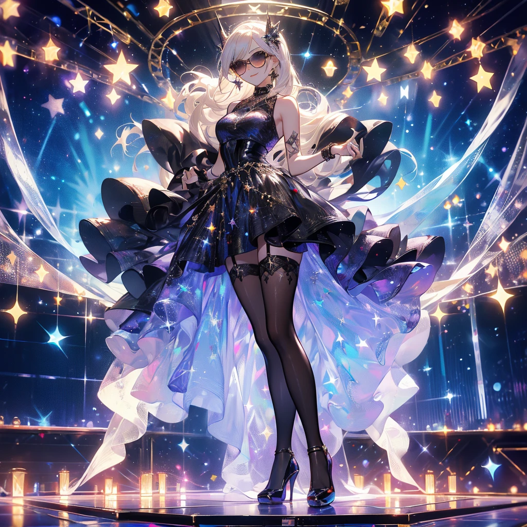 ((masterpiece， best quality))，Idol singer，Shining stage background，Sunglasses are hanging on the head.，Delicate face，Smile，whole body，Perfect body proportions，Sparkling eyes，sexly，Tattoo，Extremely beautiful，transparent，High heel，Fishnet stockings，Starlight decoration