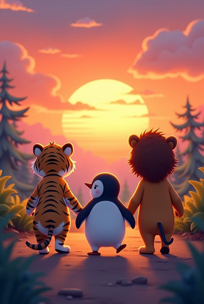 A  baby little female fat penguin in middle  walking holding hands with a male thin tiger and a male thin lion. Cartoon image. Showing there back side going towards sunset.