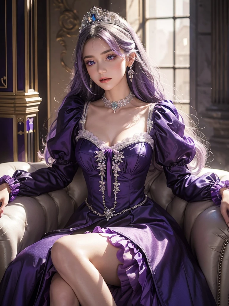Princess, princess dress, purple dress, purple dress with crystals, dress with ribbons and bowes, long dress, puffy sleeves, earings, crowns, castle, High Resolution, Masterpiece, Breasts, ball gown, blue eyes, silver hair, gloves, blushing, cute, victorian dress, 1 girl, solo, sitting