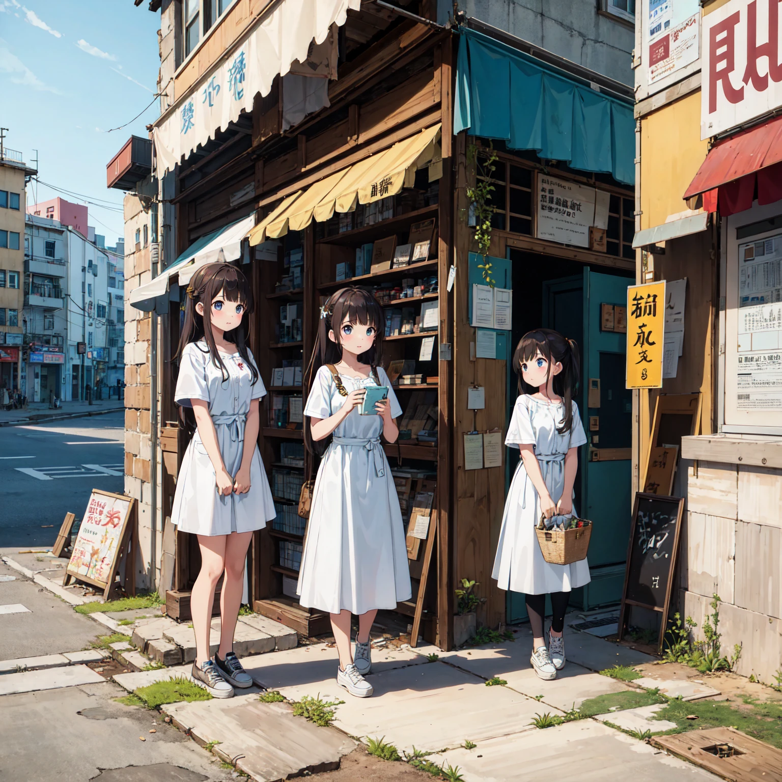 ((masterpiece、Highest quality))、masterpiece,Highest quality,The girls gather,Outdoor,Unsanitary and abandoned city、Poor conditions、ruins、sewage、Dirty shop、Crumbling hospital、street vendors、Poor person々、Blame me people