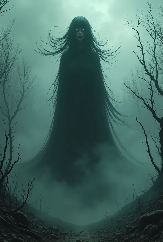 Create a highly realistic, photorealistic image of "Shōki Onna," an original Japanese yokai. This miasma woman spreads poisonous fog. She appears as a sinister, ghostly woman with dark, billowing hair, glowing eyes, and a noxious aura. The atmosphere should be dark and eerie, set in a desolate, poisoned wasteland. The background should include withered trees, toxic fog, and a murky, ominous sky. The image should have a vertical orientation with a 9:16 aspect ratio.