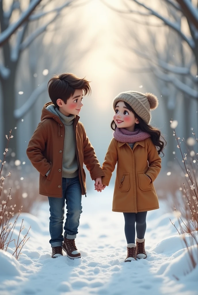 A boy holding his girlfriend hand to makes her hand warm in winter time while walking 