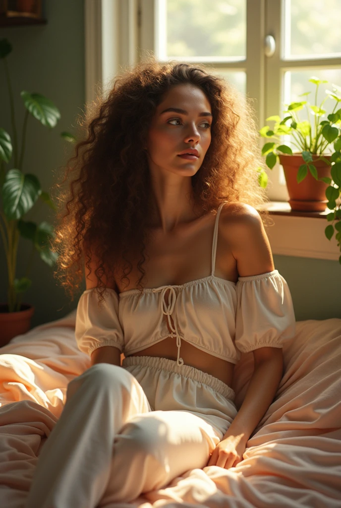 (photorealism:1.2), beautiful woman, sitting on bed, wearing loose off-shoulder top, pajama pants, long curly hair, indoors, soft lighting, plants in background, window with sunlight, cozy room, relaxed pose, realistic, intricate details, warm colors, by Greg Rutkowski, by Alphonse Mucha