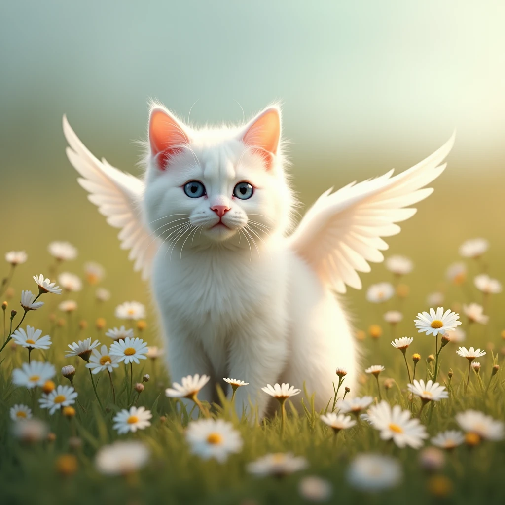 A white cat with wings is sitting in a flower field