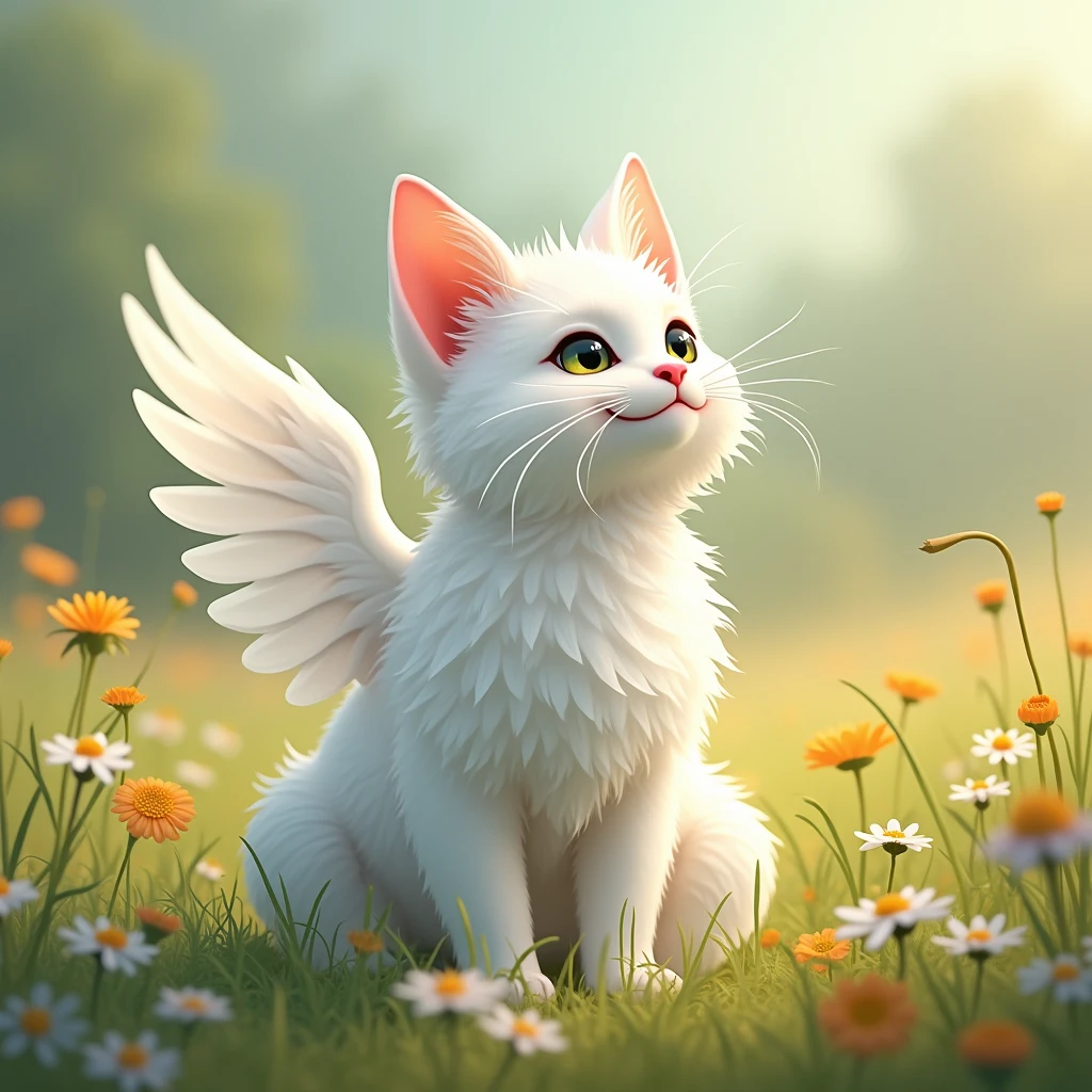 A white cat with wings is sitting in a flower field
