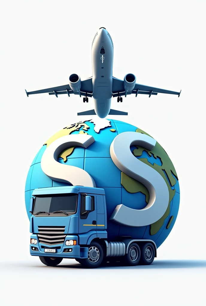 Create a logo of a planet Earth supported by a transport truck that has an upside-down letter S on the left side of the planet and a letter S on the right side of the planet mirroring the first S and an airplane above the planet.