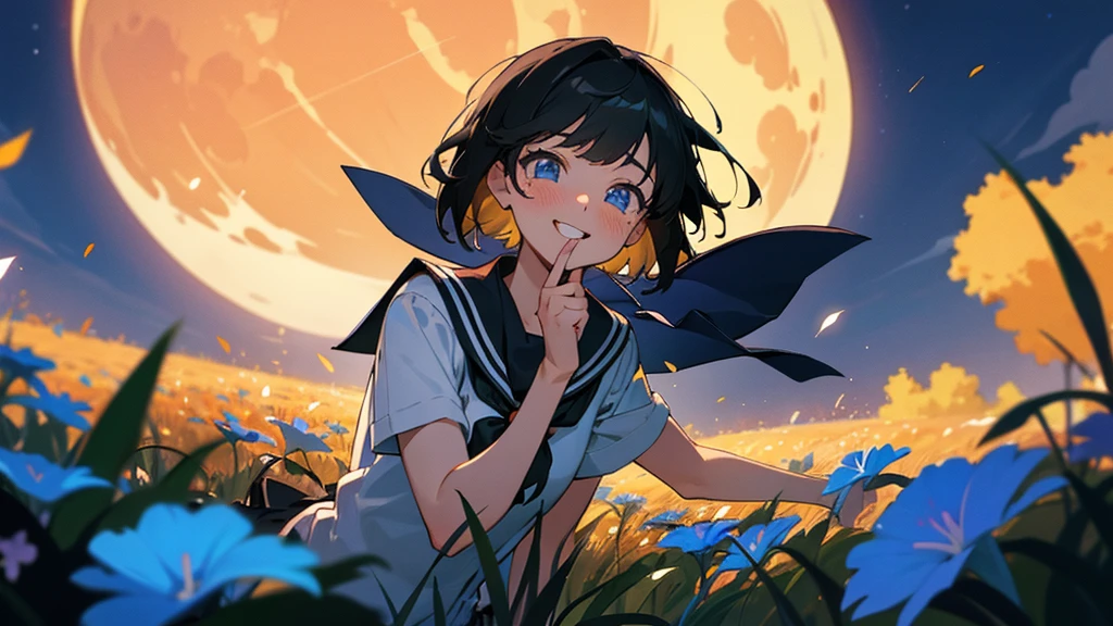 {1girl}, {solo}, young female, school uniform, best illustration, big smile,mouth open, {{{{best quality}}}}, black_hair, short_hair, {{{dynamic angle}}}, nighttime, {{{Bright blue moon}}}, school setting, blue_eyes, {{{{dynamic lighting}}}}, {{{{Blushing}}}}, field, flowers, fireflies, {{{tears of joy}}}