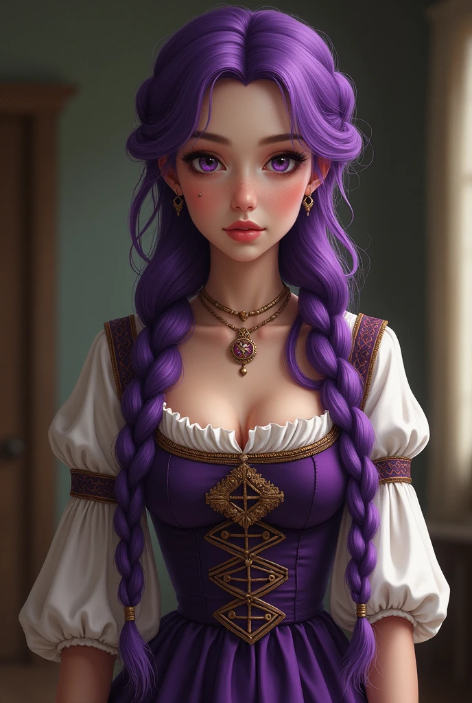 Young woman, Nineteen years old, Long purple braided hair, A small mole is located under the right eye at the end of the eyebrow., Wearing a purple dress from Central Europe, Medium sized breasts, Thin waist, Her butt is average., Standing in the room, Painting style: Realistic v3.0