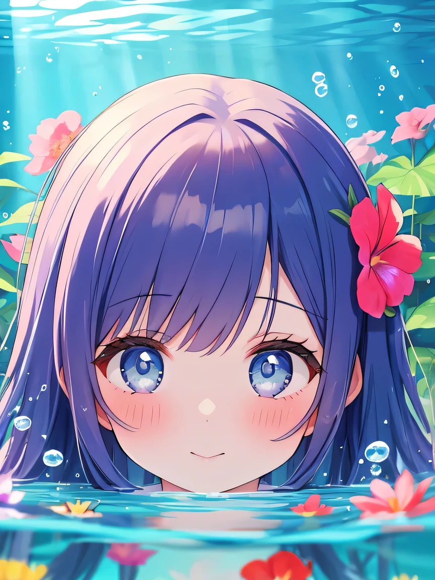 Beautiful girl peeking into underwater flowers