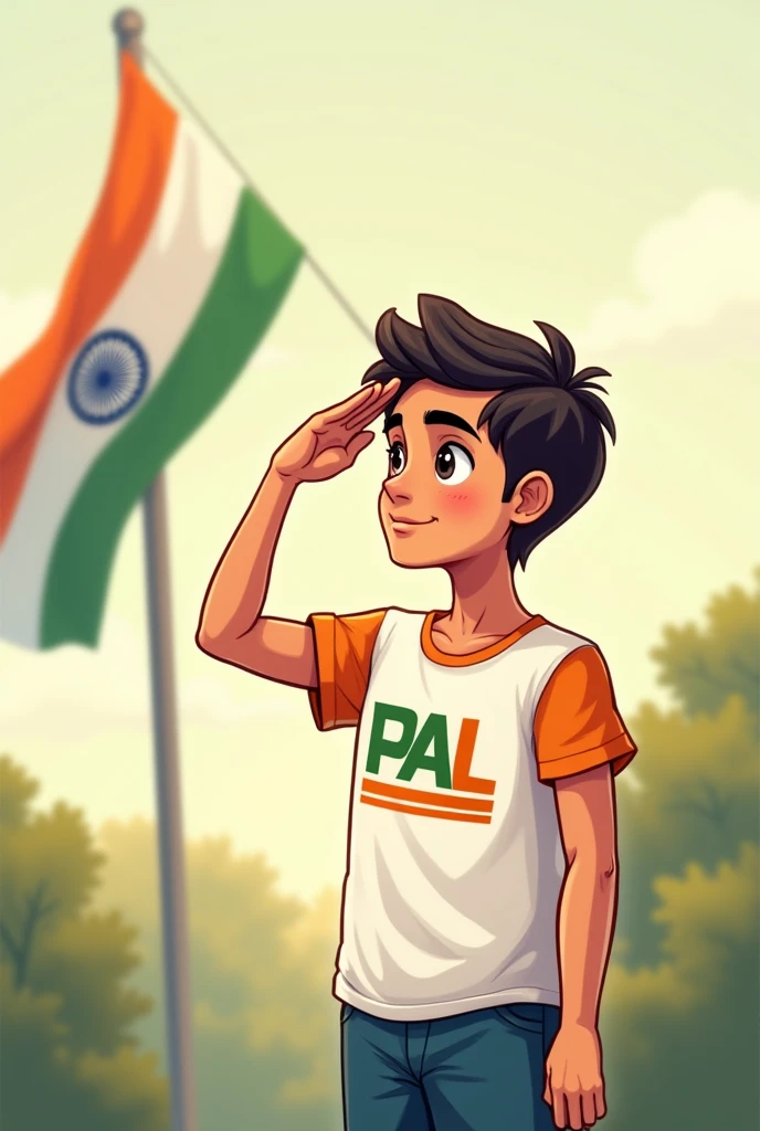 Men saluting the Indian flag from the , wearing 'PAL' t-shirts with 'P' in orange, 'A' in white, and 'L' in green. At the top left corner of the image, the text reads '78th Happy Independence Day.'" only one men. Age 21. More look like a cartoon 