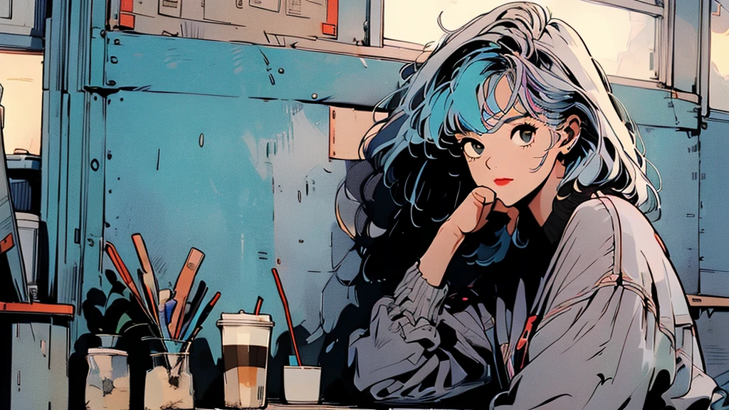 masterpiece, Highest quality, A girl with pastel-colored hair, sitting in a cozy café, with a laptop and coffee, lost in her music. lofi hip hop, solo,