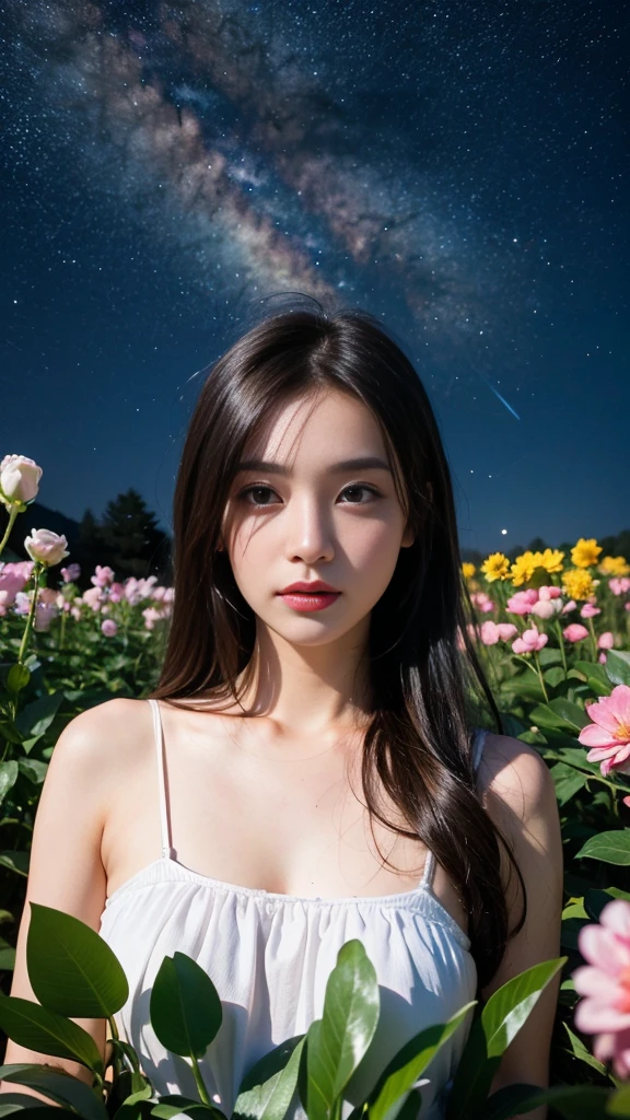 Highest quality, expensive_solve, clear_image, Detailed Background, girl, flower, garden, Starry Sky,
