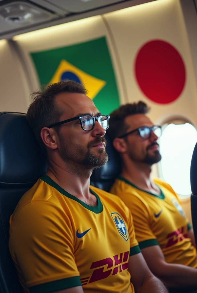 Two men with prescription glasses, Riding a plane, and goatee, one of them is wearing a DHL shirt, and the other with the Corinthians shirt they are going from BRAZIL to Japan, make it very clear with the flags