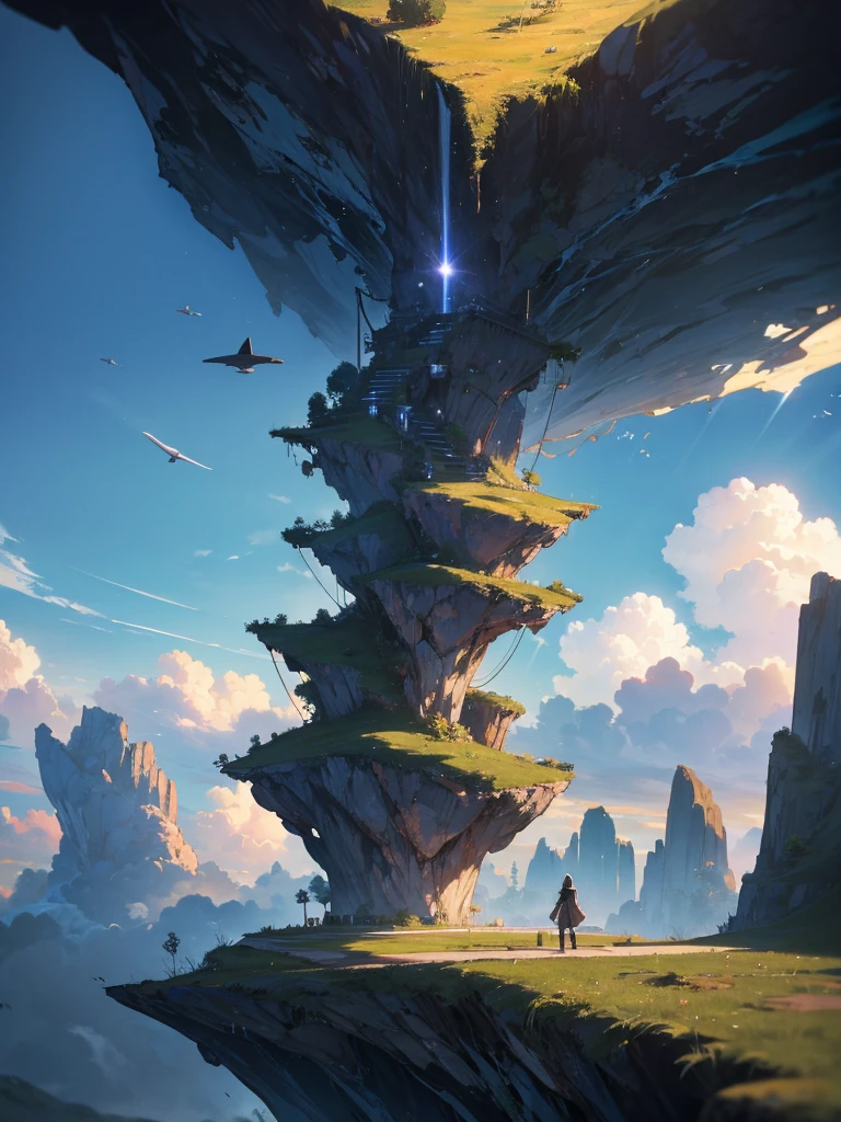 score_9, score_8_superior, score_7_superior, score_6_superior, score_5_superior, masterpiece, Highest quality, Intricate details, Sharp focus, Super detailed, null, (null飛ぶ島:1.2), null, cloud, Fantasy Landscape, Mysterious, nullに浮かぶ巨大な都市, cloudのsuperiorの町, Floating School City, you can see the horizon, There's a city below,1people々, Purple eyes, Blonde